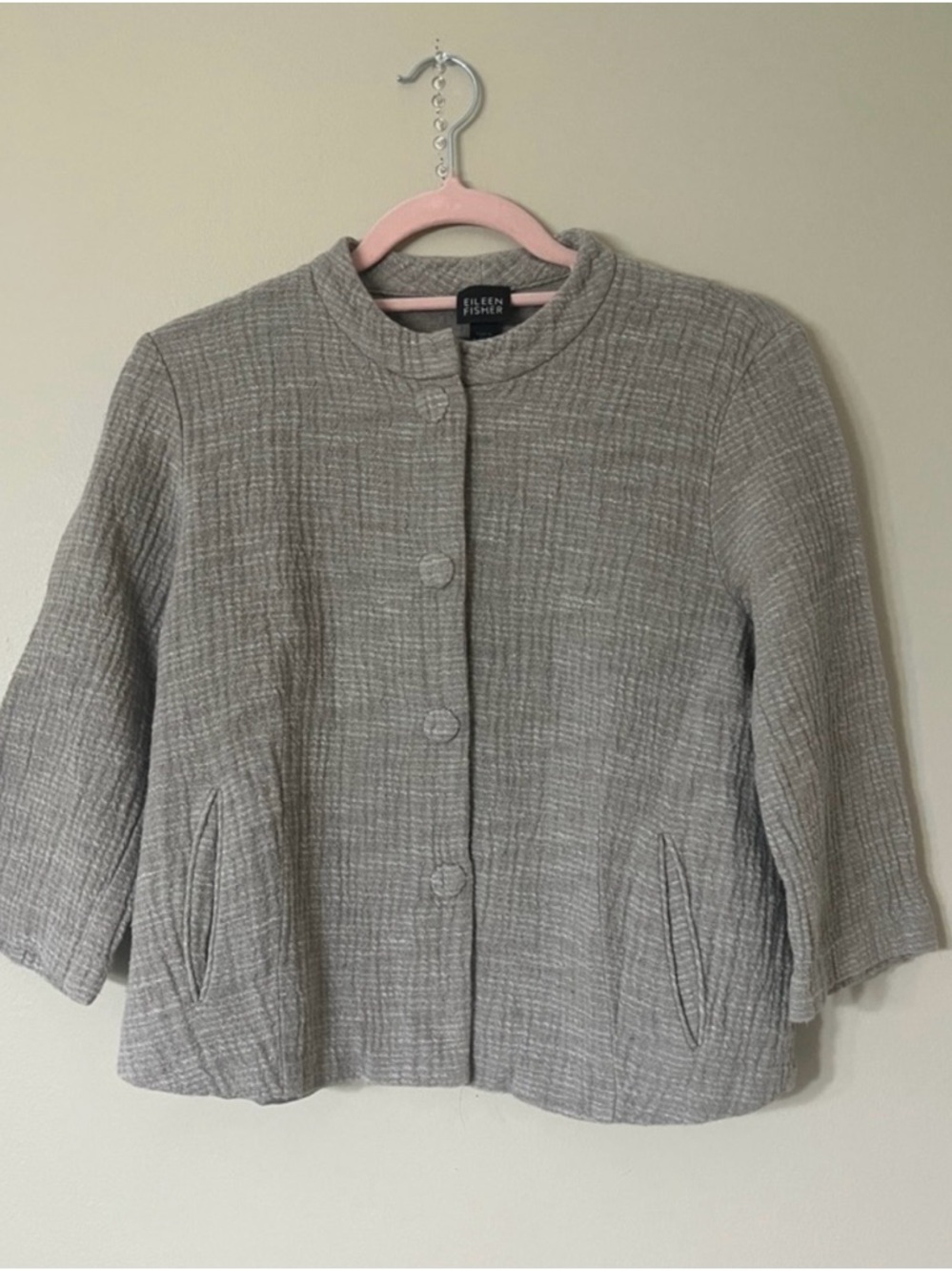 Eileen Fisher Heathered Gray Buttoned Knit Jacket